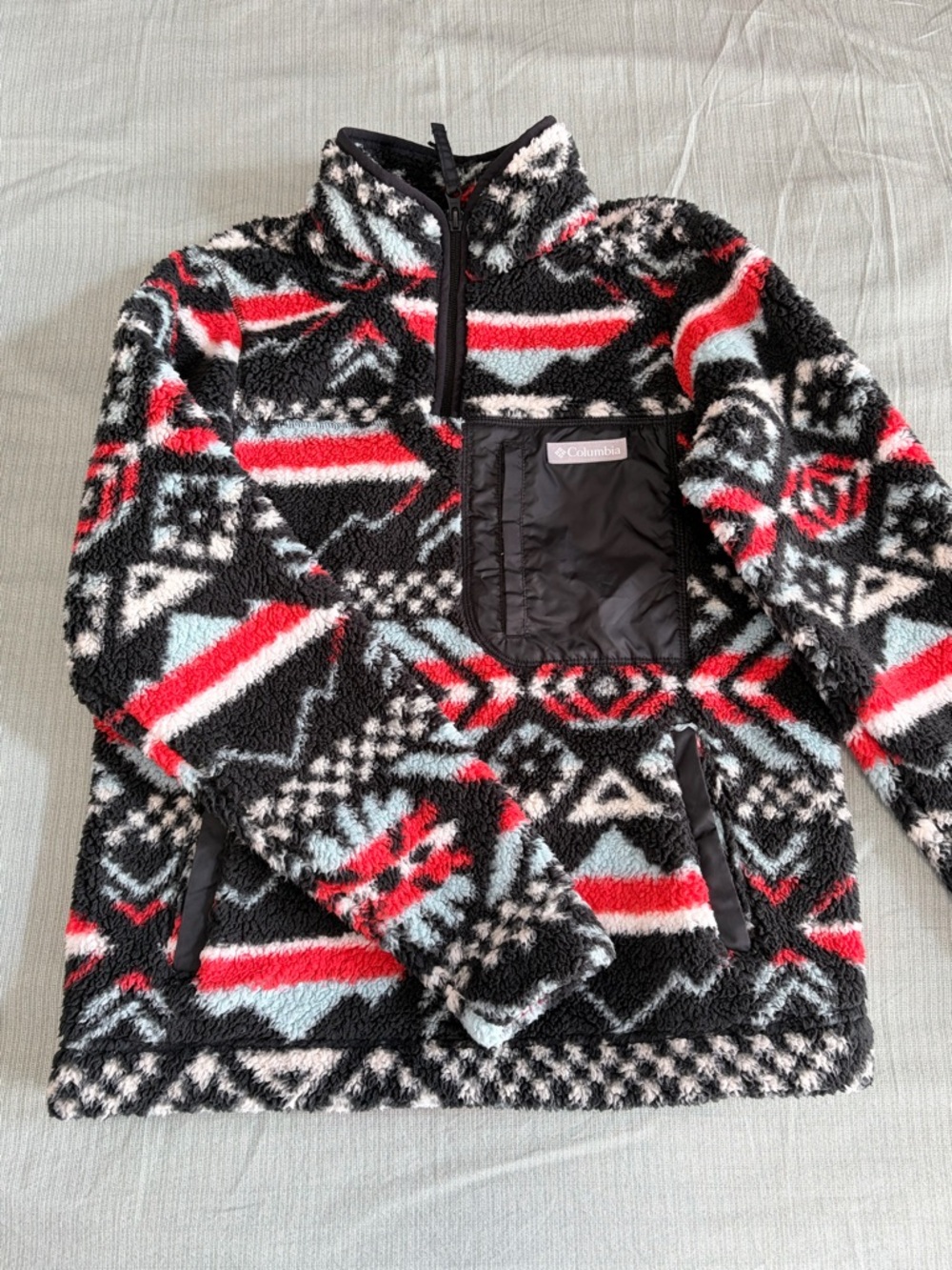Columbia Women US S Sherpa Quarter-Zip Hoodie (Black, Red, White & Light Blue)